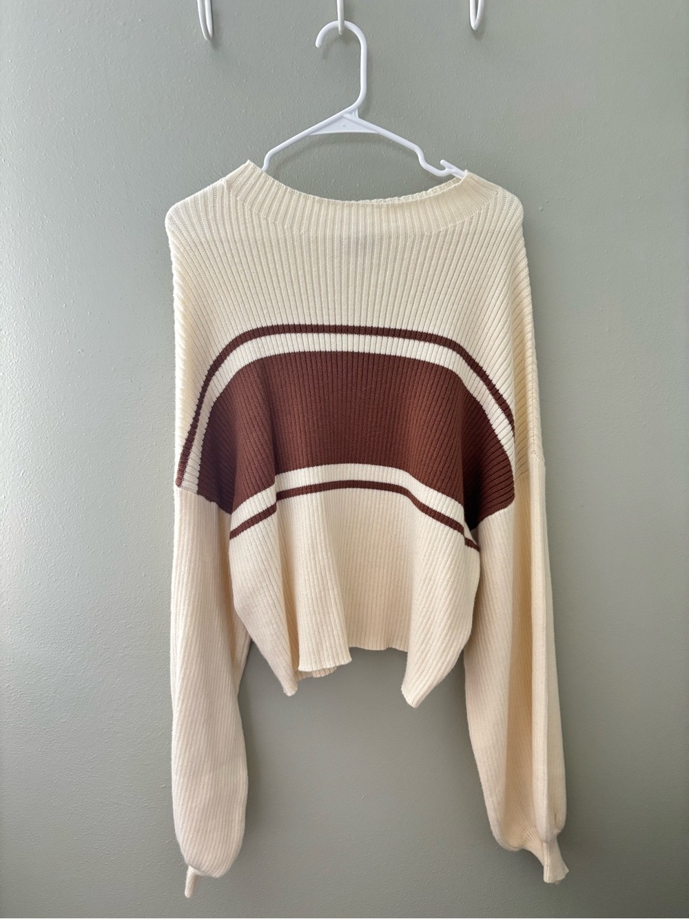 Cream and Brown Striped Ribbed Pullover Sweater